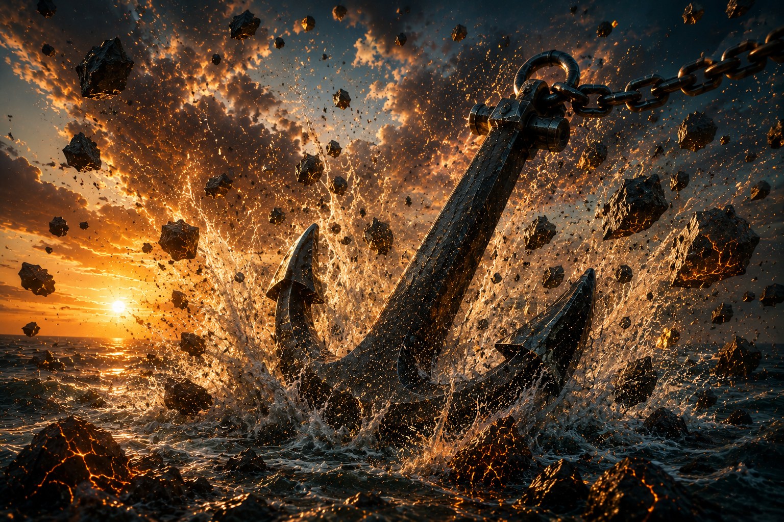 Anchor breaking the surface of the sea in golden light