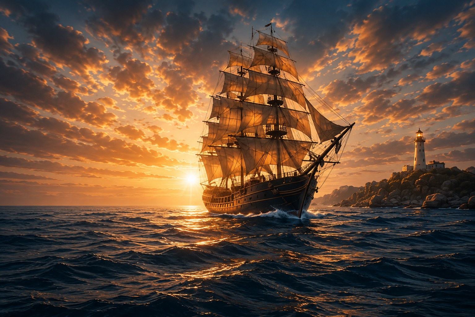 Tall ship sailing into a golden sunset beside a lighthouse